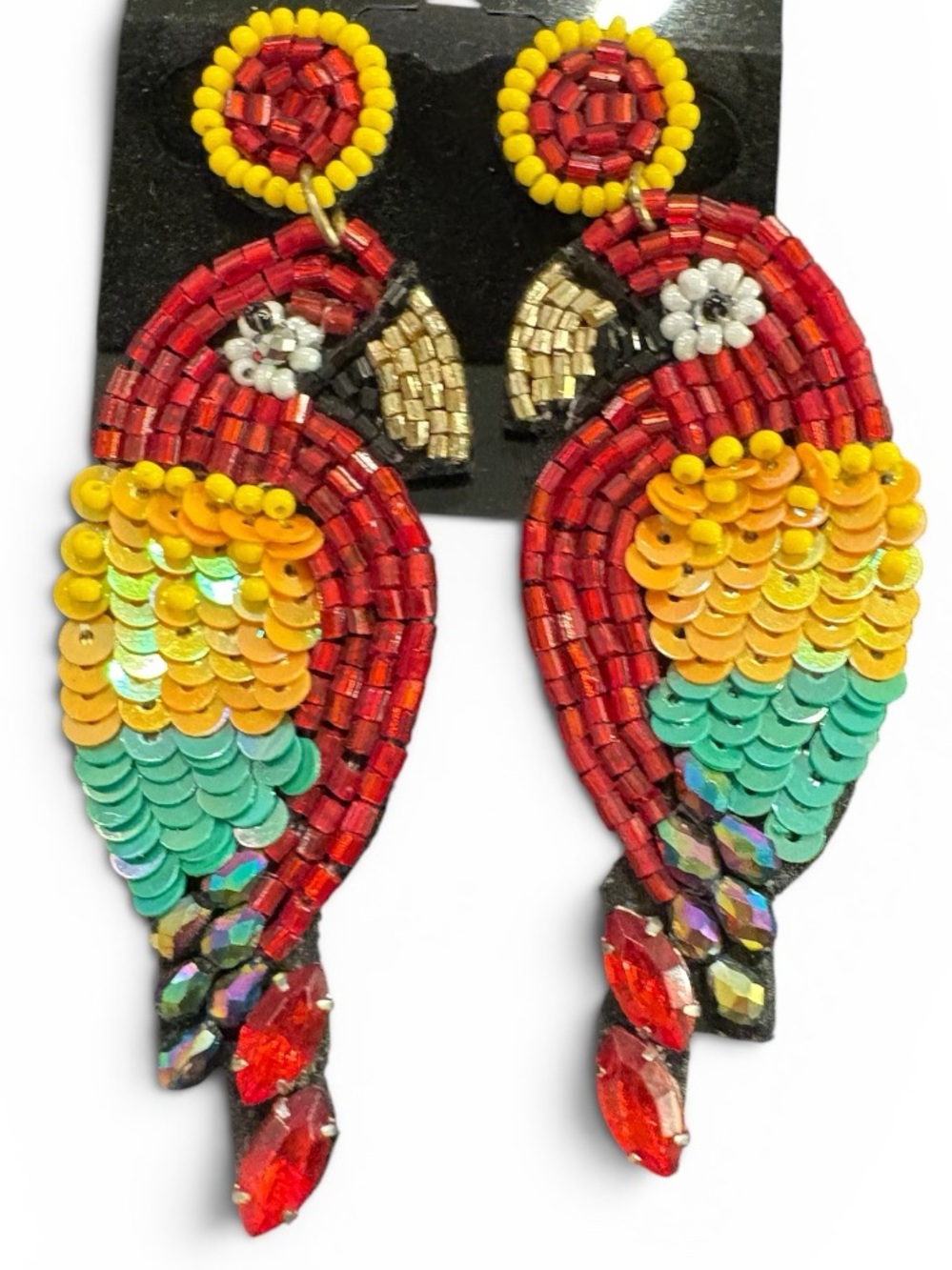 Beaded Parrot Statement Earrings Colorful Tropical Bird Dangle - Picture 3 of 4
